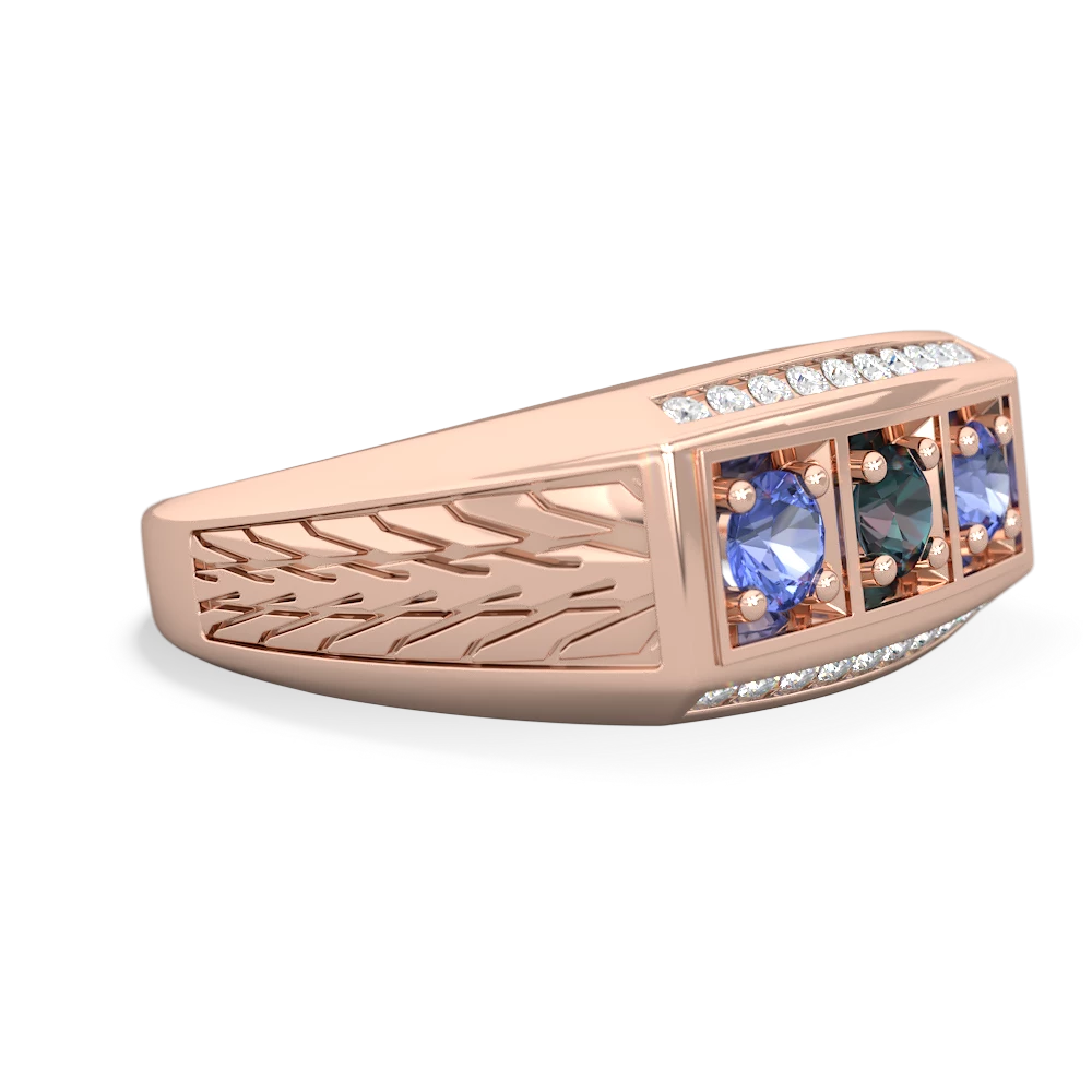 Alexandrite Three Stone Tire Tread Men's 14K Rose Gold ring R0520