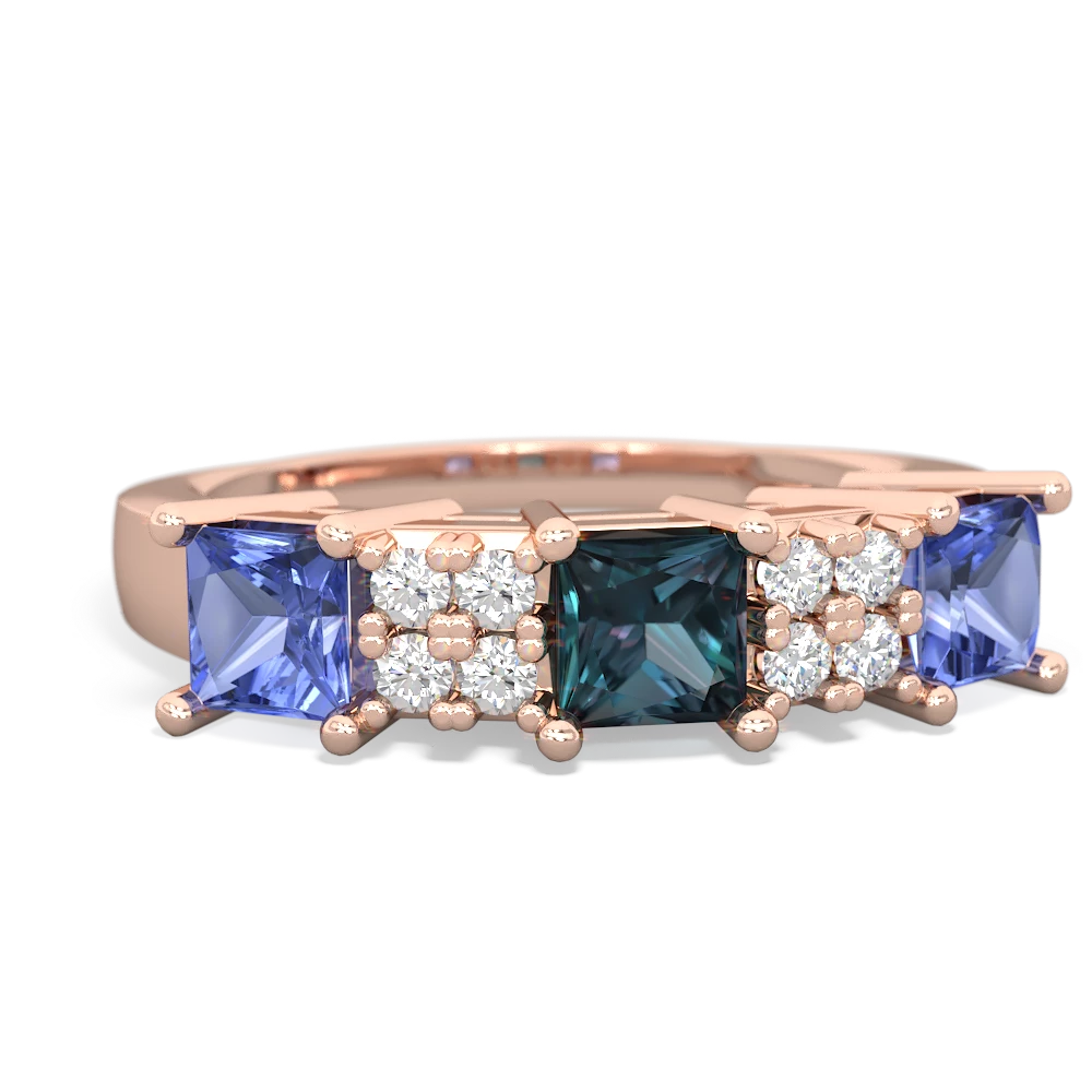 Alexandrite Three Stone Diamond Cluster 14K Rose Gold ring R2592