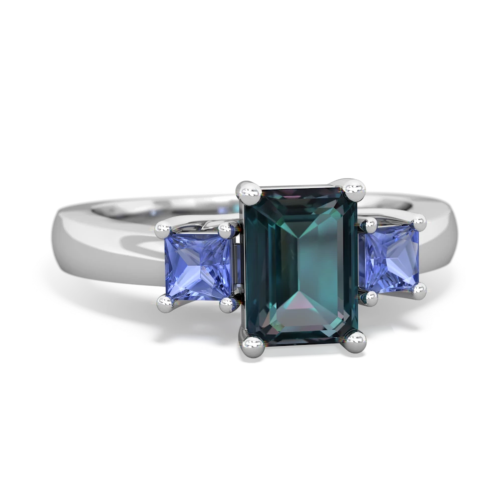 Alexandrite Three Stone Emerald-Cut Trellis 14K White Gold ring R4021