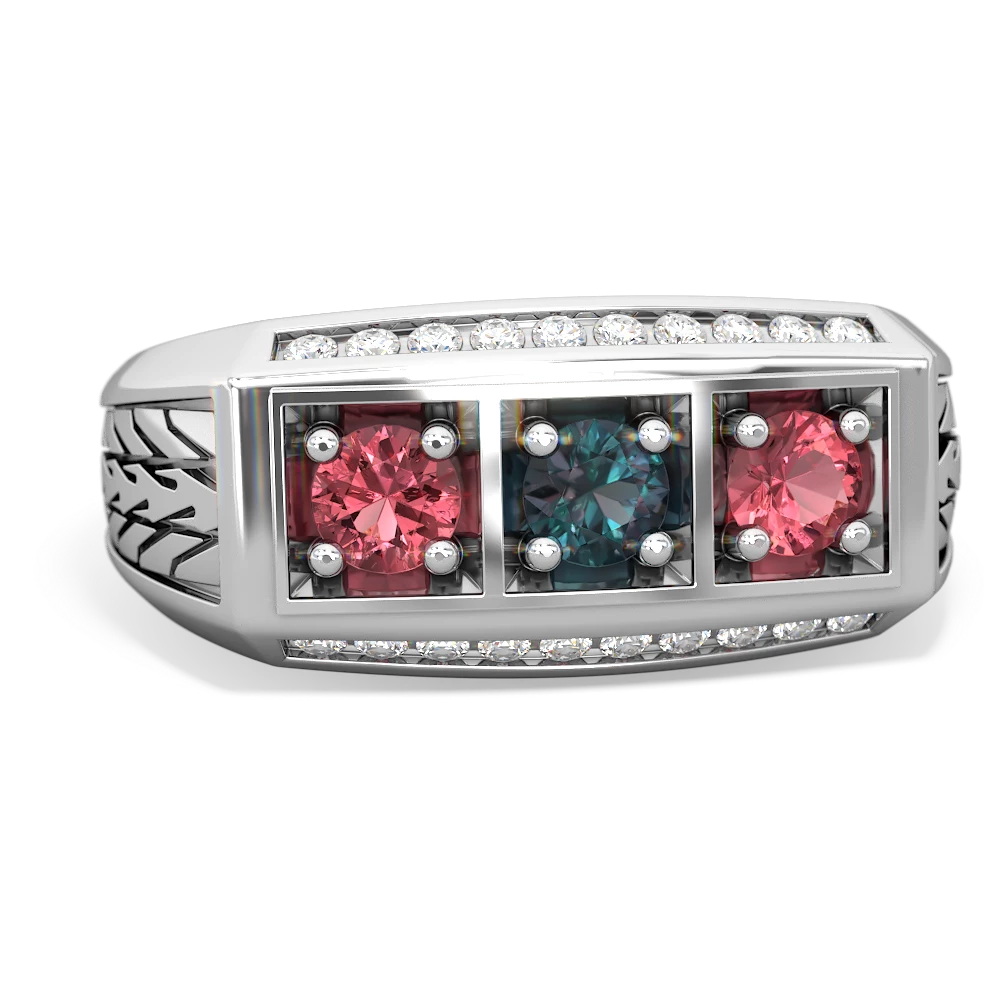 Alexandrite Three Stone Tire Tread Men's 14K White Gold ring R0520