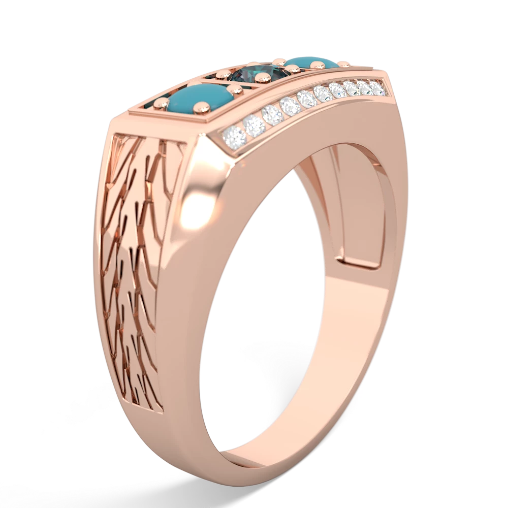 Alexandrite Three Stone Tire Tread Men's 14K Rose Gold ring R0520