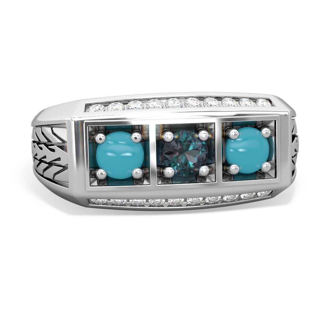 Alexandrite Three Stone Tire Tread Men's 14K White Gold ring R0520