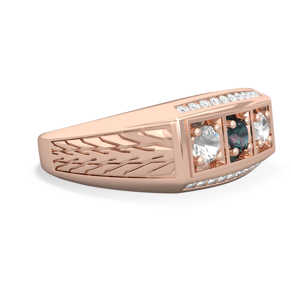 Alexandrite Three Stone Tire Tread Men's 14K Rose Gold ring R0520