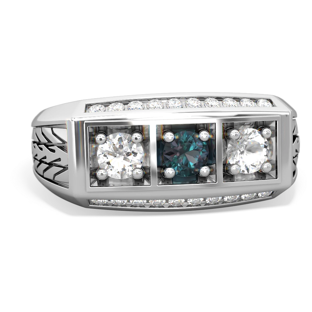 Alexandrite Three Stone Tire Tread Men's 14K White Gold ring R0520