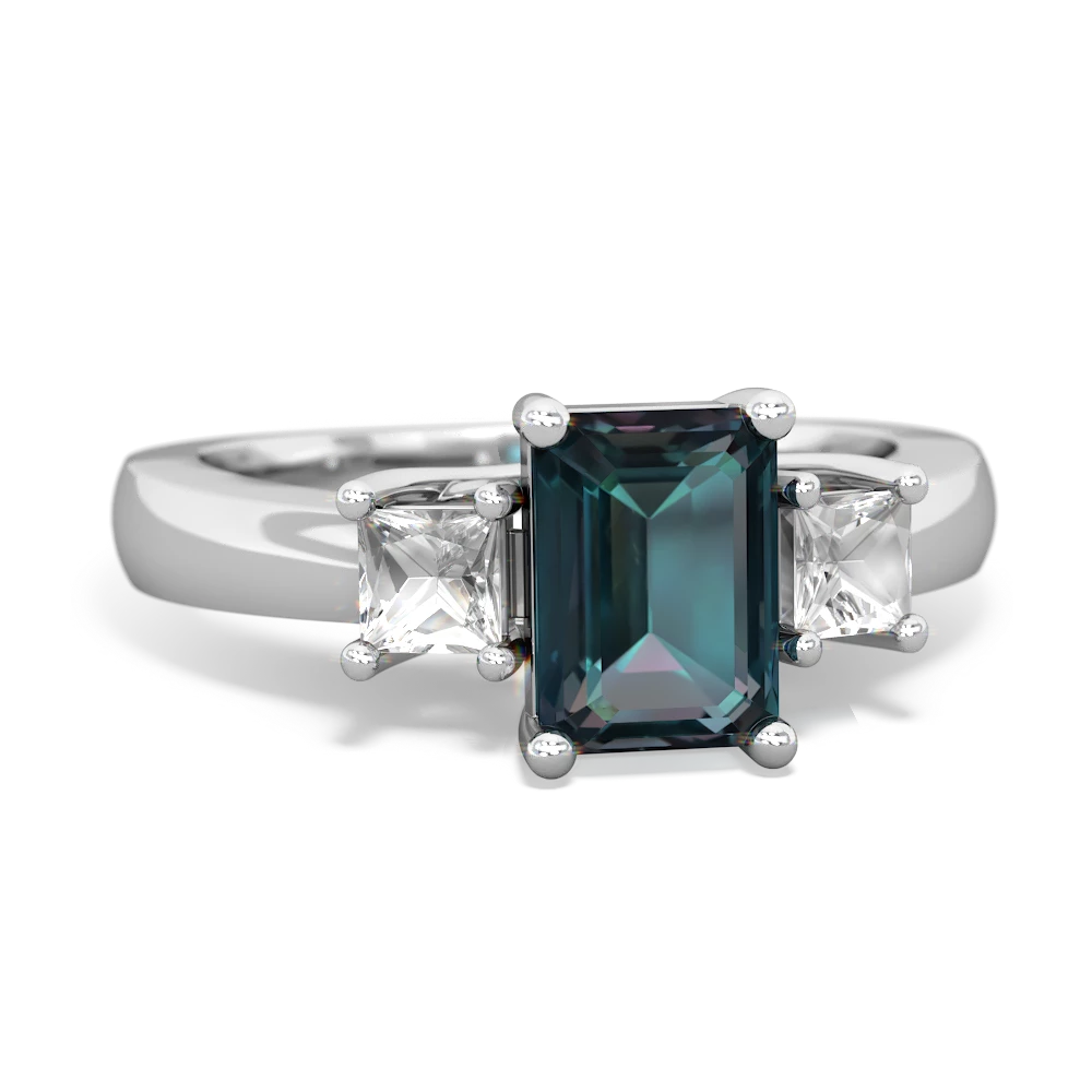 Alexandrite Three Stone Emerald-Cut Trellis 14K White Gold ring R4021