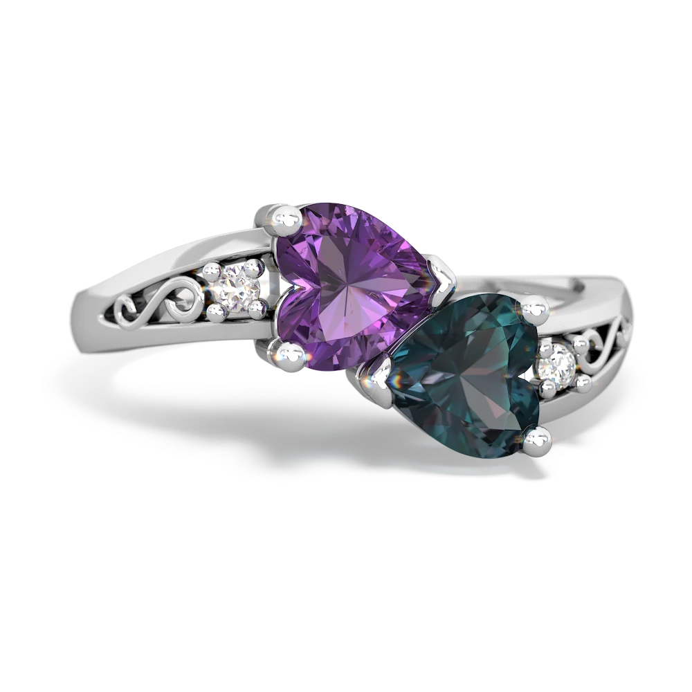 Amethyst Snuggling Hearts 14K White Gold ring R2178