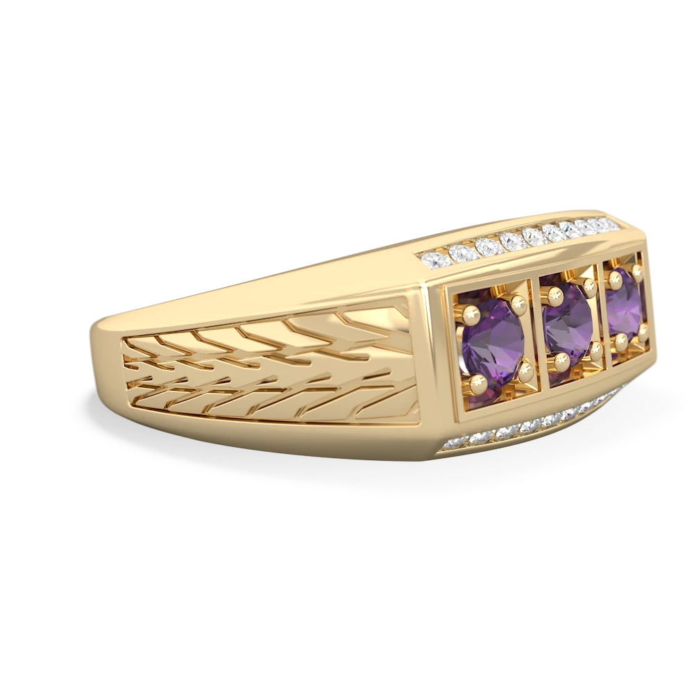 Lab Pink Sapphire Three Stone Tire Tread Men's 14K Yellow Gold ring R0520