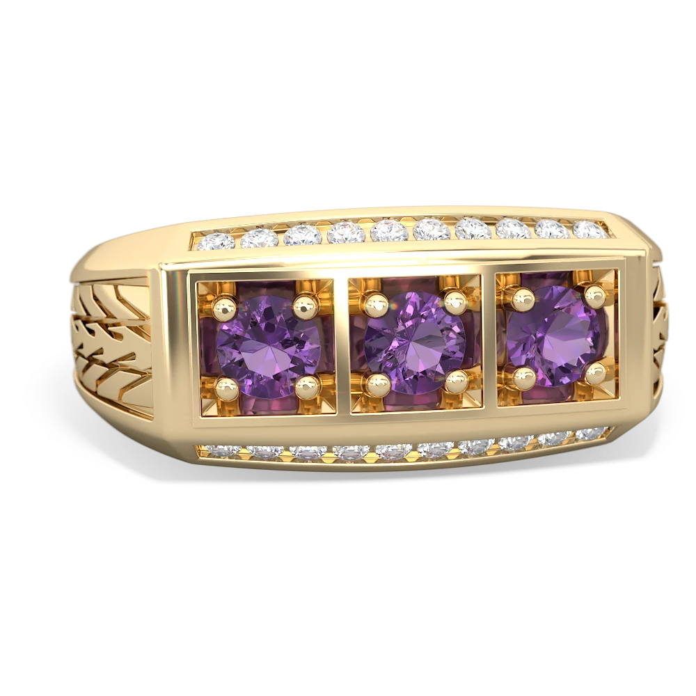 Amethyst Three Stone Tire Tread Men's 14K Yellow Gold ring R0520