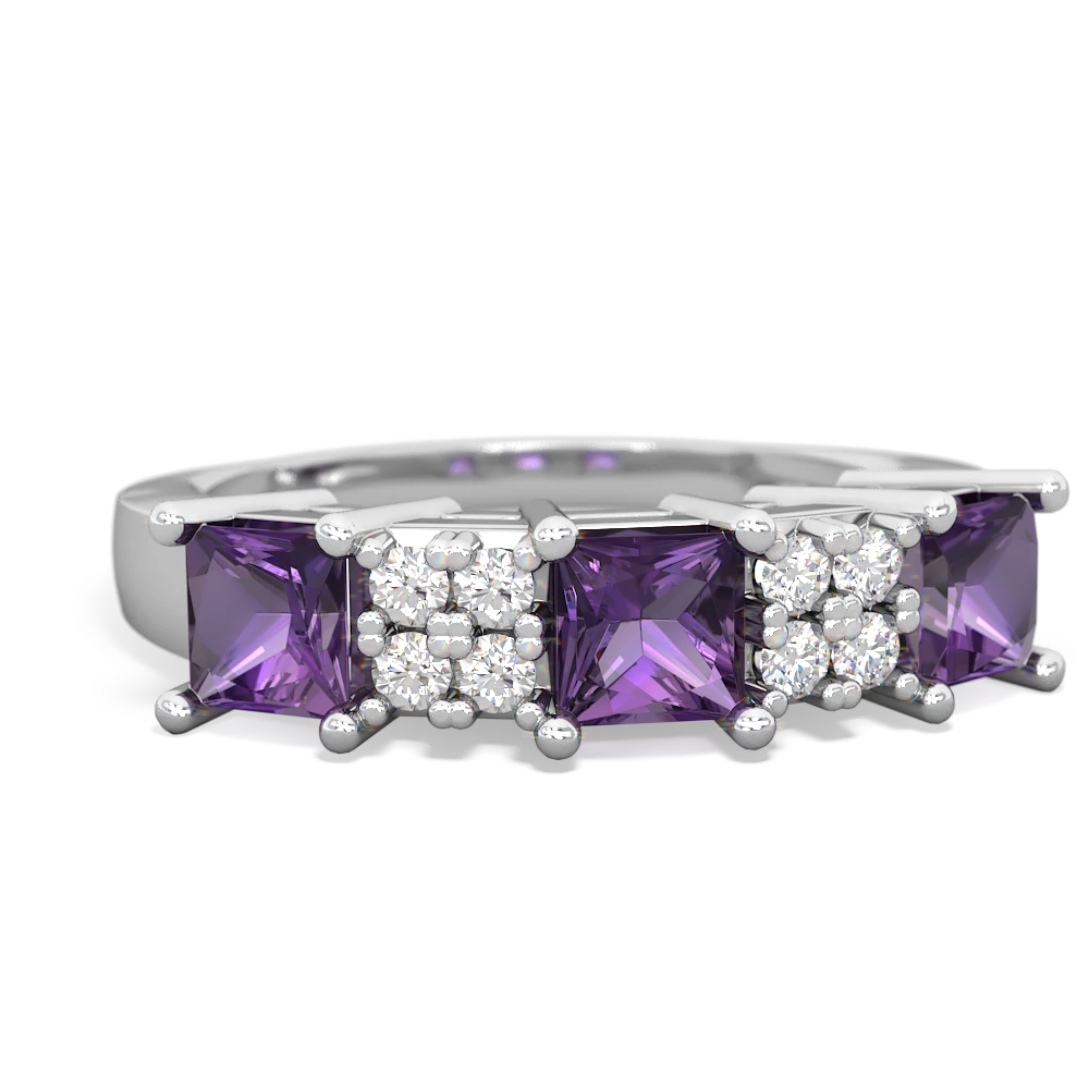 Amethyst Three Stone Diamond Cluster 14K White Gold ring R2592