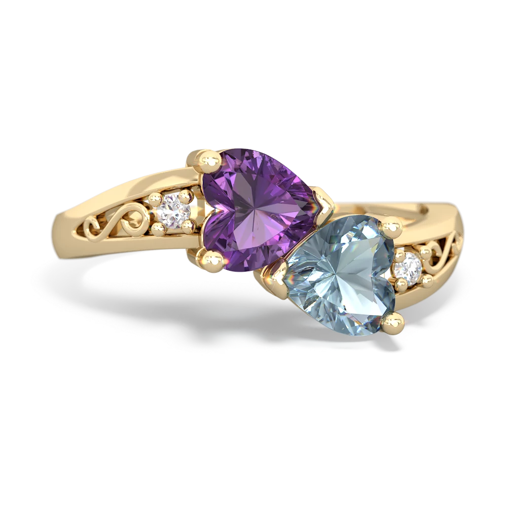 Amethyst Snuggling Hearts 14K Yellow Gold ring R2178