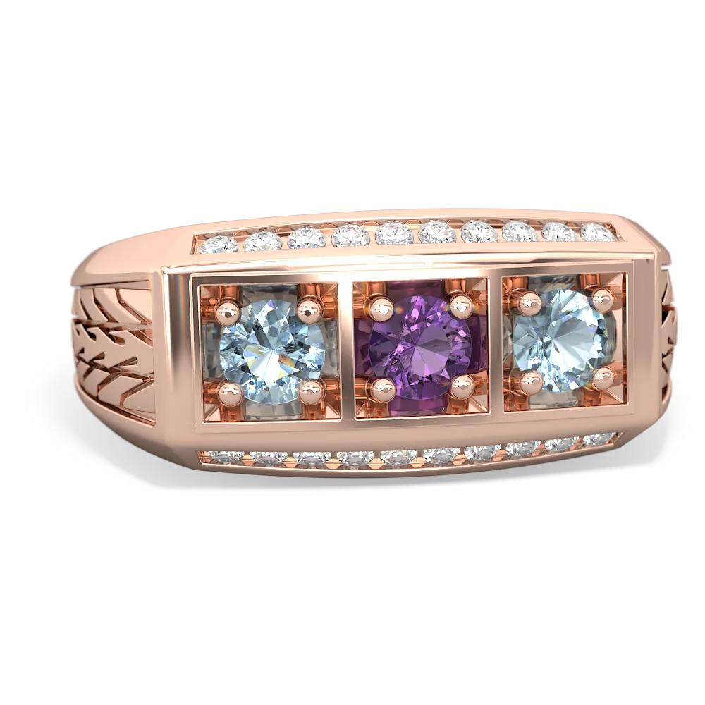 Amethyst Three Stone Tire Tread Men's 14K Rose Gold ring R0520