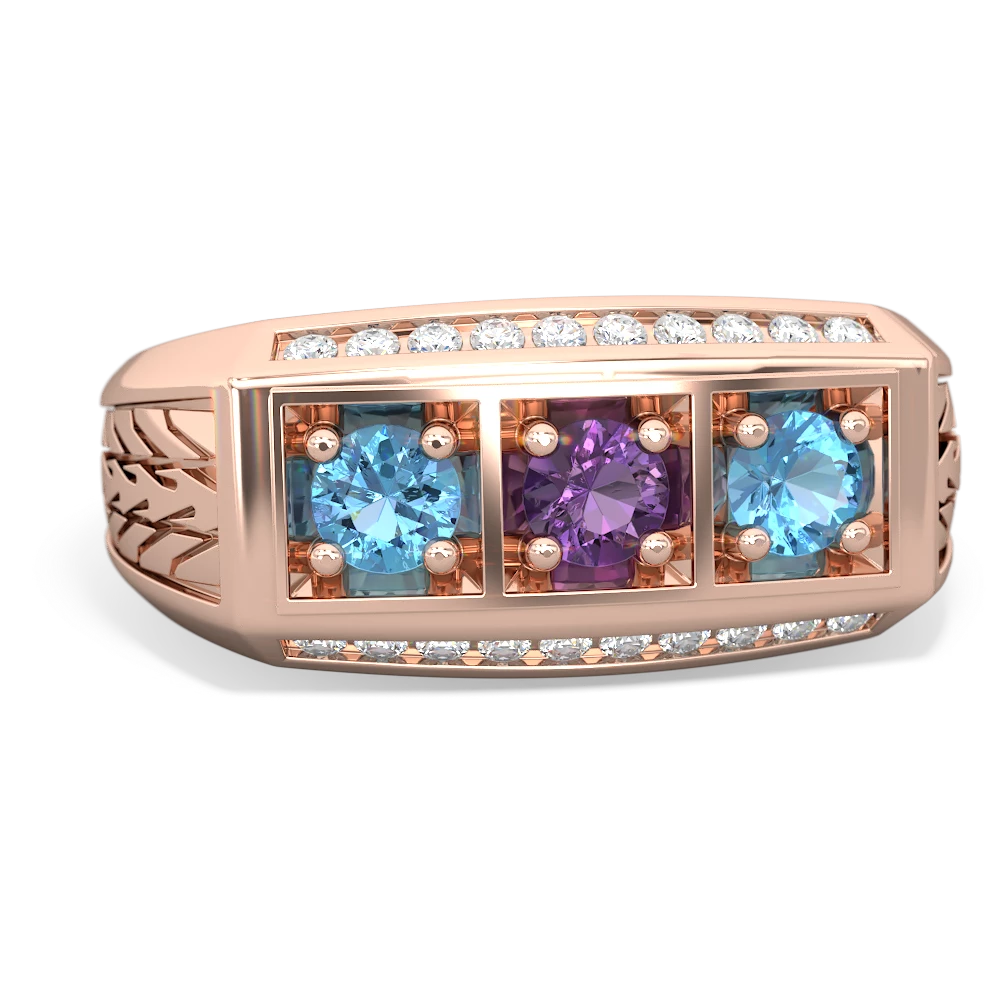 Amethyst Three Stone Tire Tread Men's 14K Rose Gold ring R0520