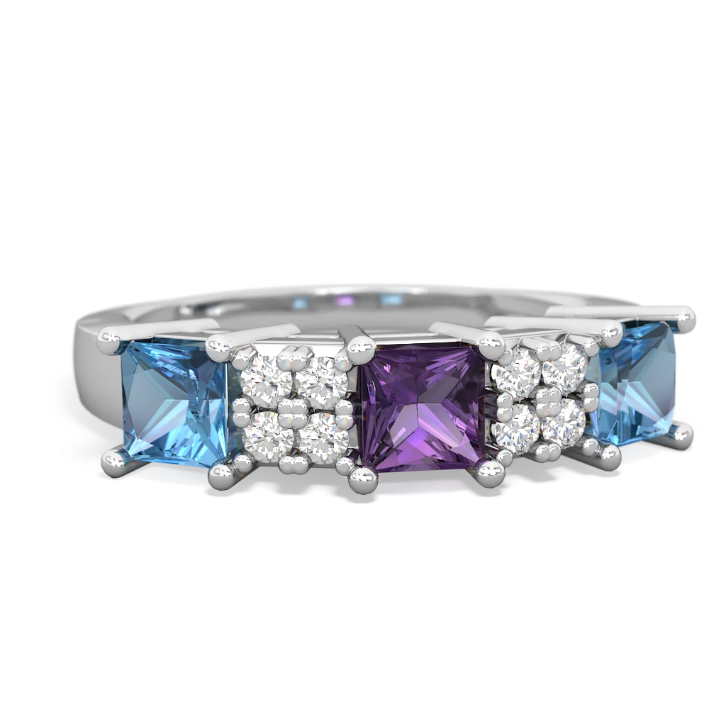 Amethyst Three Stone Diamond Cluster 14K White Gold ring R2592