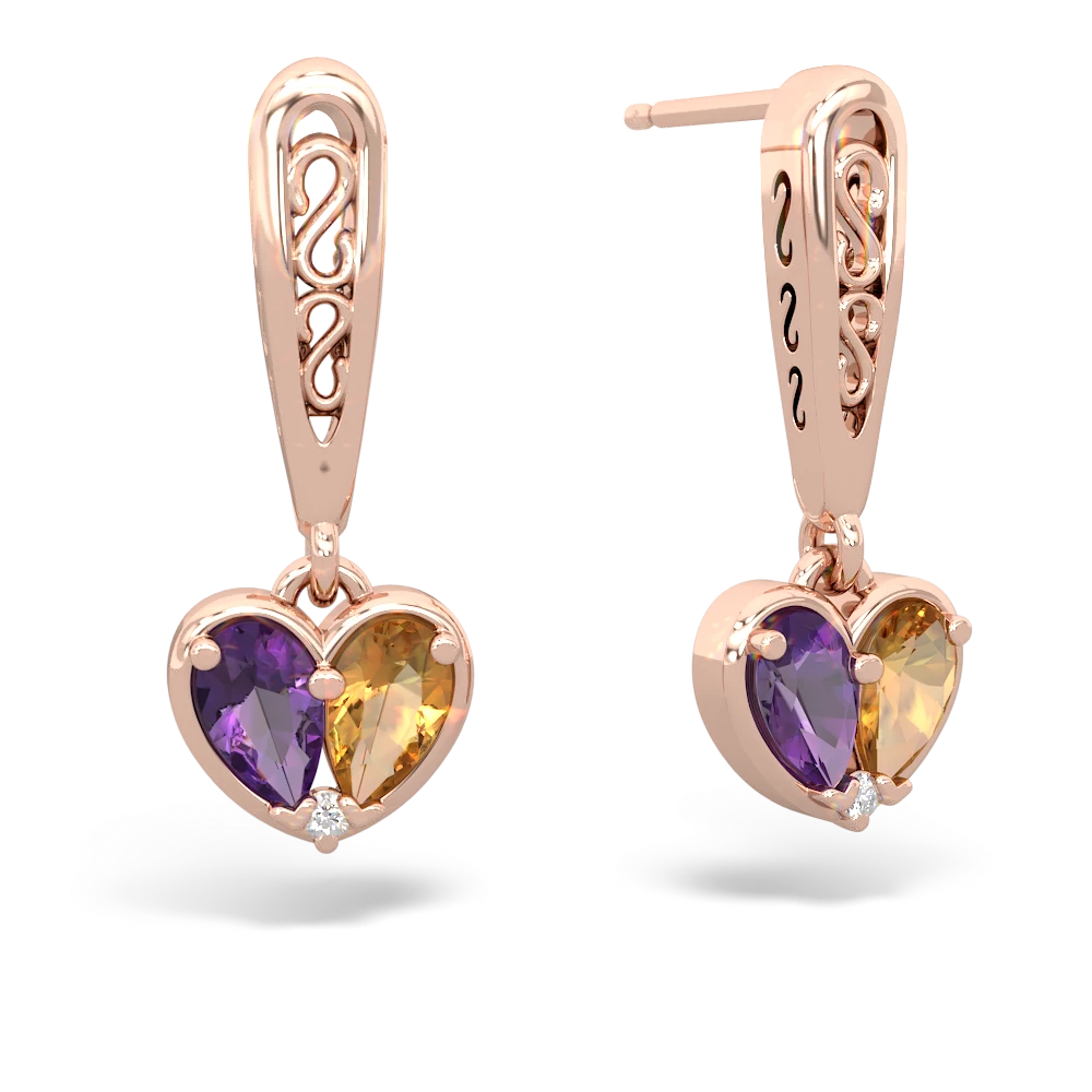 Amethyst Filligree Heart 14K Rose Gold earrings E5070