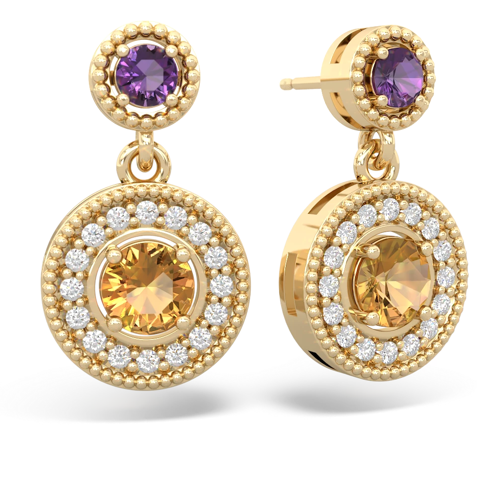 Amethyst Halo Dangle 14K Yellow Gold earrings E5319