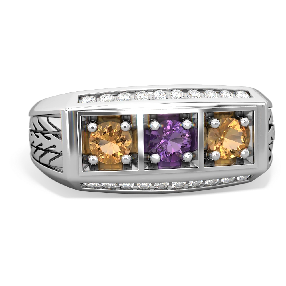 Amethyst Three Stone Tire Tread Men's 14K White Gold ring R0520