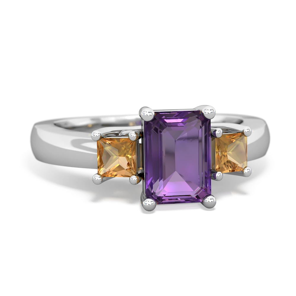 Amethyst Three Stone Emerald-Cut Trellis 14K White Gold ring R4021