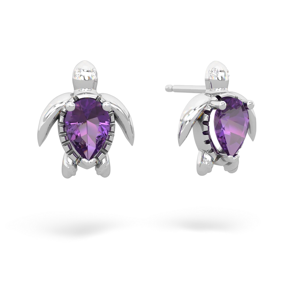 Amethyst Baby Sea Turtle Earrings in 14K White Gold