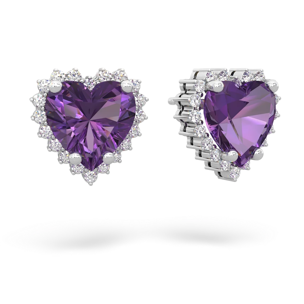 Amethyst Sparkling Halo Heart 14K White Gold earrings E0391