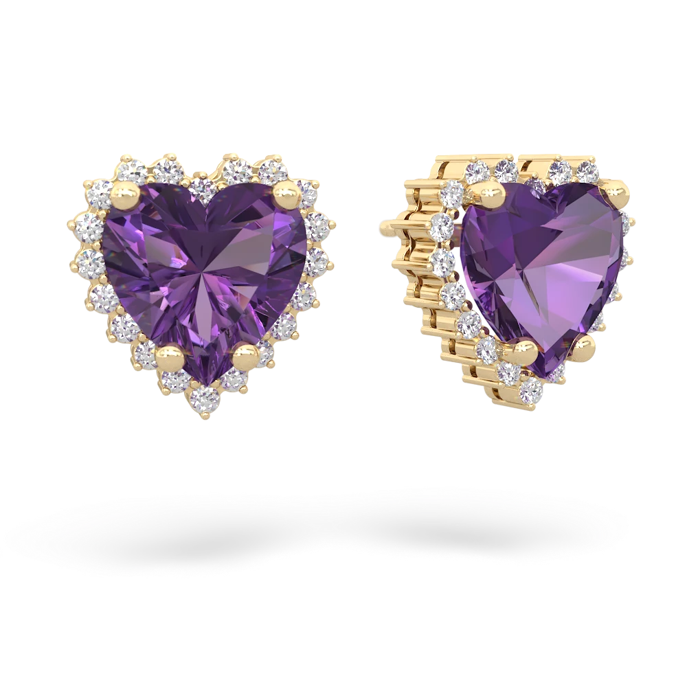 Amethyst Sparkling Halo Heart 14K Yellow Gold earrings E0391