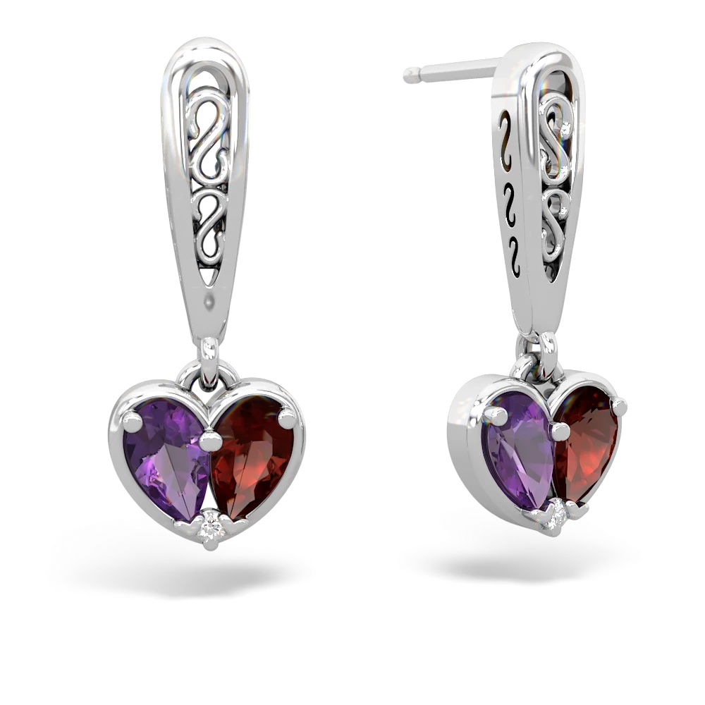 Amethyst Filligree Heart 14K White Gold earrings E5070