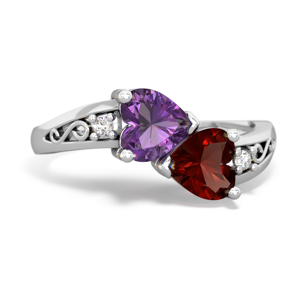 Amethyst Snuggling Hearts 14K White Gold ring R2178