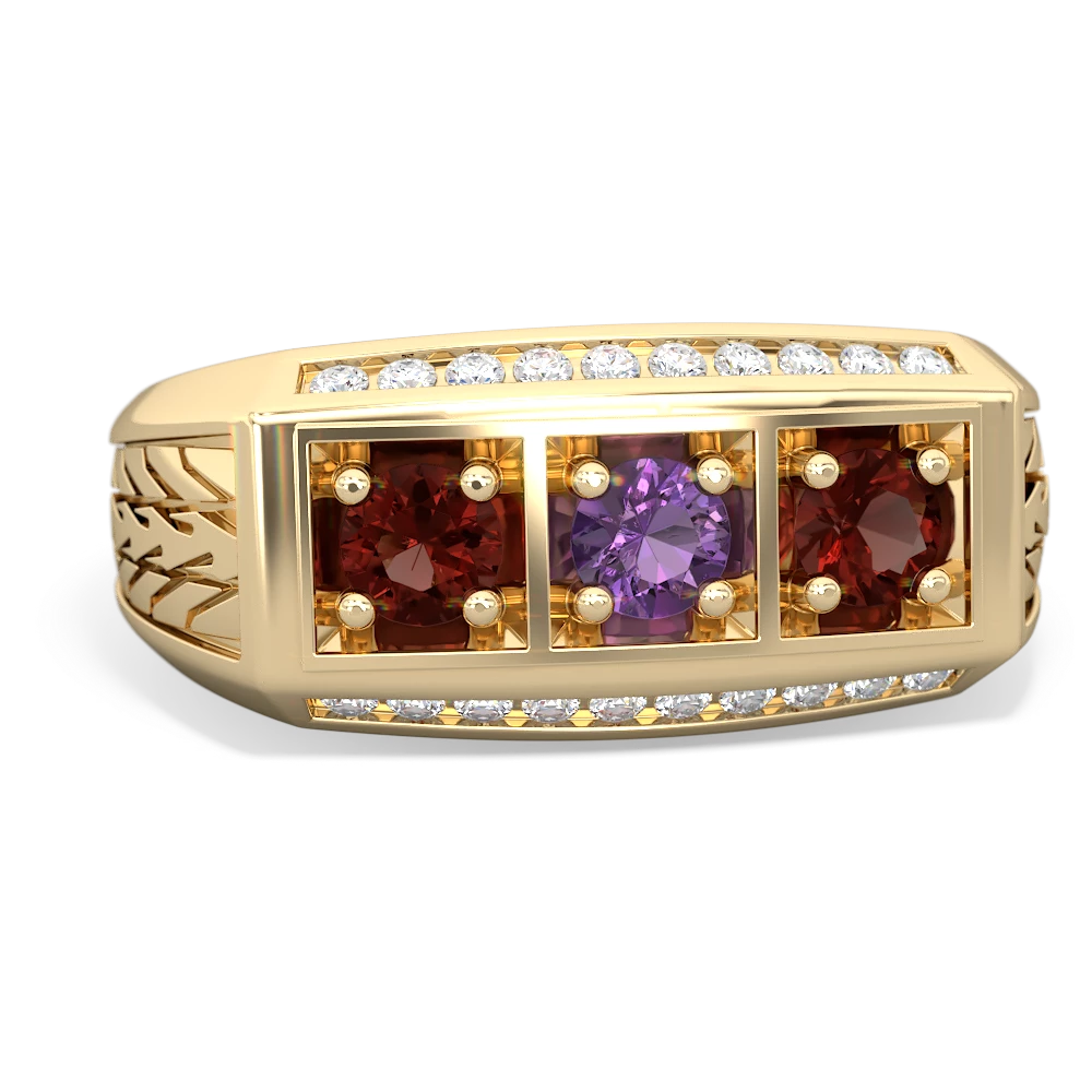 Amethyst Three Stone Tire Tread Men's 14K Yellow Gold ring R0520