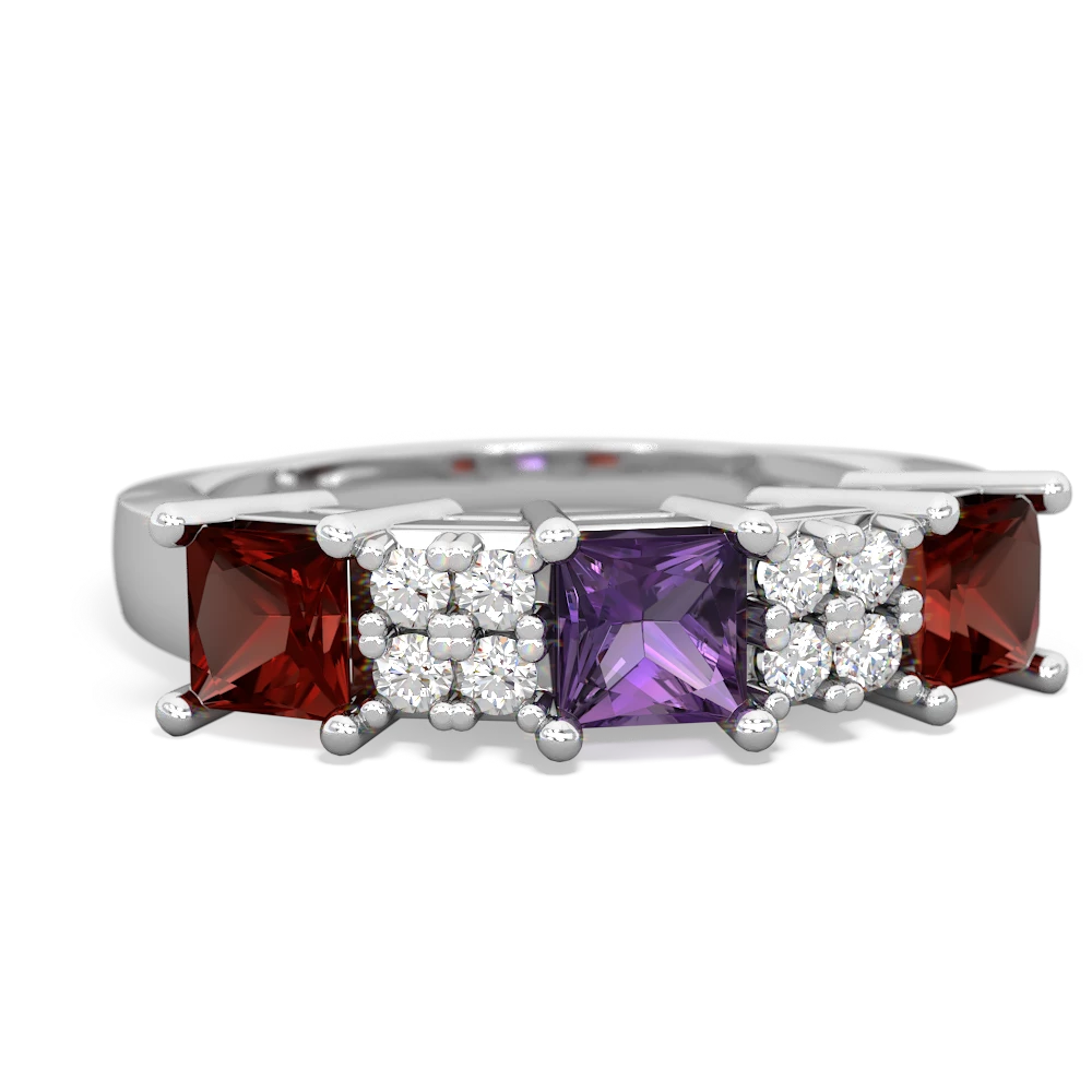 Amethyst Three Stone Diamond Cluster 14K White Gold ring R2592