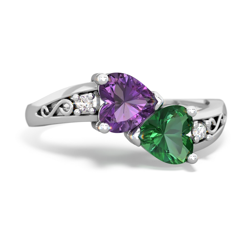 Amethyst Snuggling Hearts 14K White Gold ring R2178