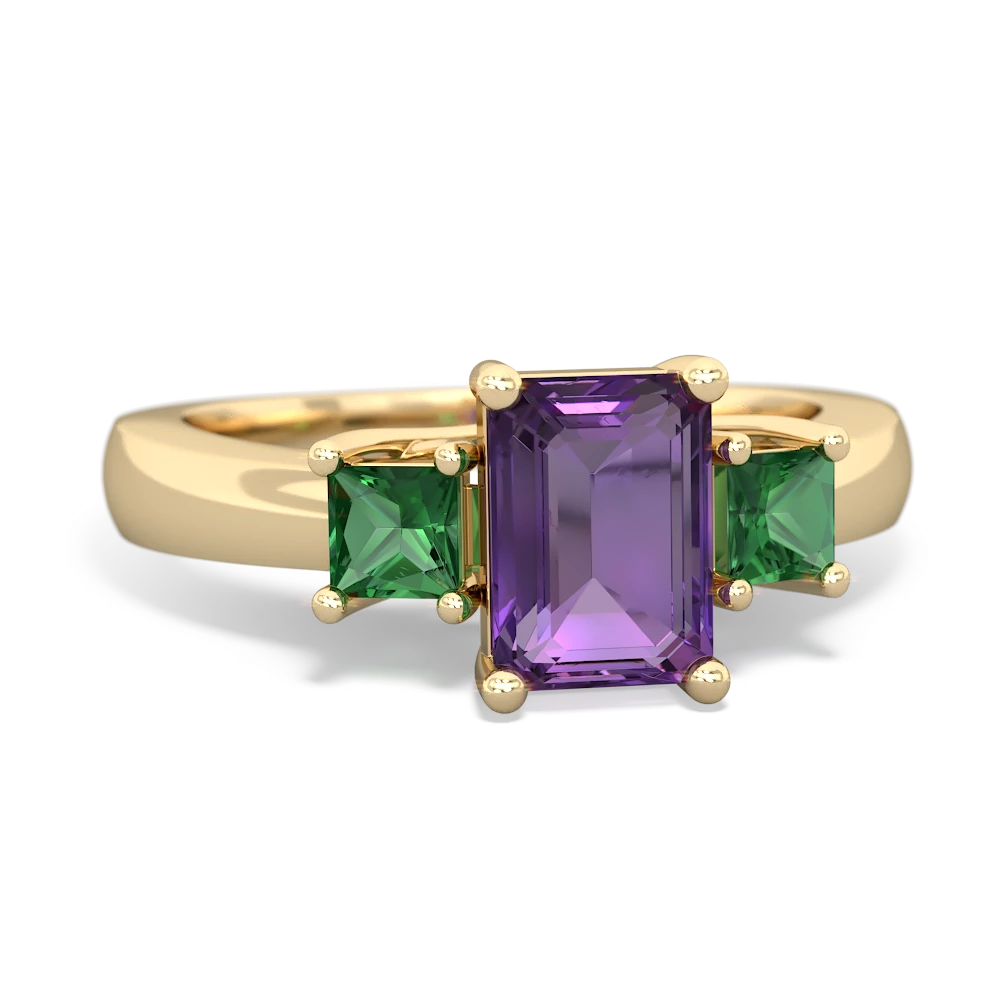 Amethyst Three Stone Emerald-Cut Trellis 14K Yellow Gold ring R4021