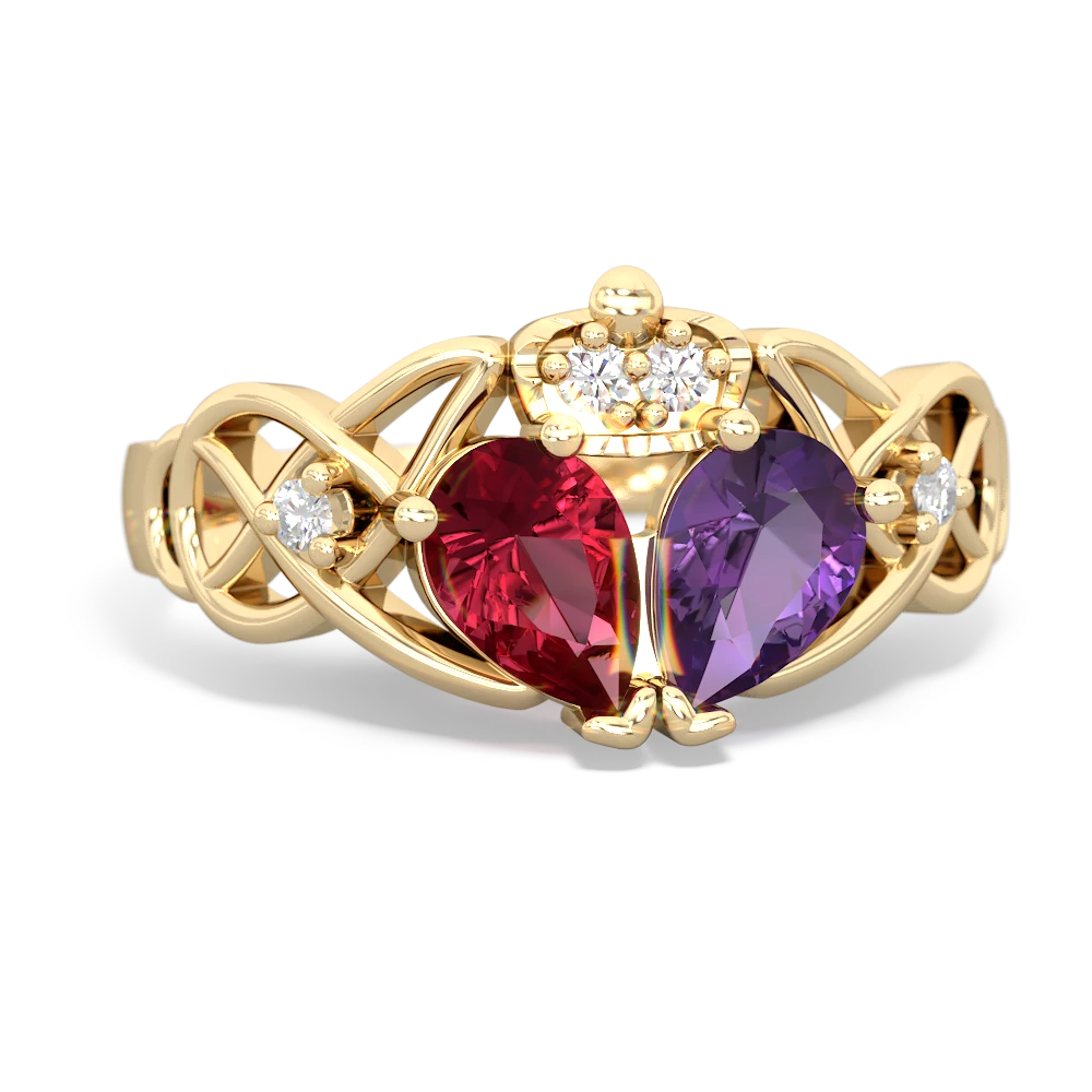 Amethyst 'One Heart' Celtic Knot Claddagh 14K Yellow Gold ring R5322