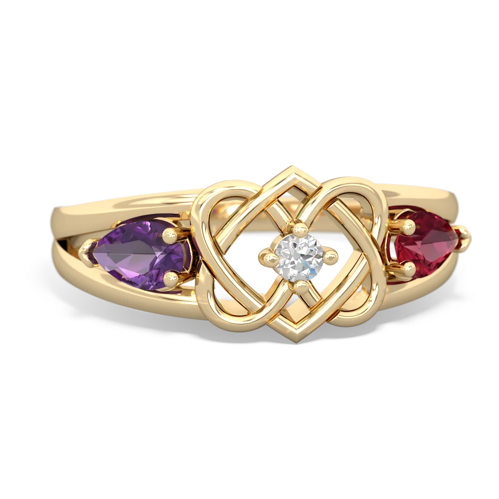 Amethyst Hearts Intertwined 14K Yellow Gold ring R5880