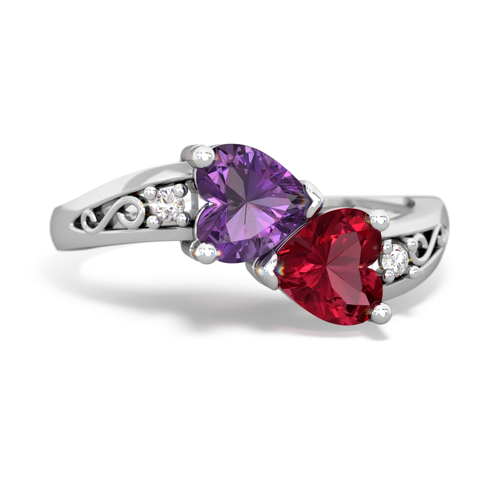 Amethyst Snuggling Hearts 14K White Gold ring R2178