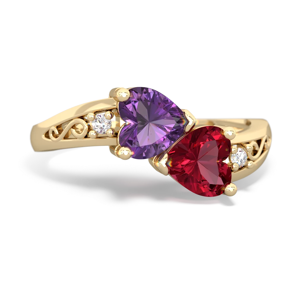 Amethyst Snuggling Hearts 14K Yellow Gold ring R2178