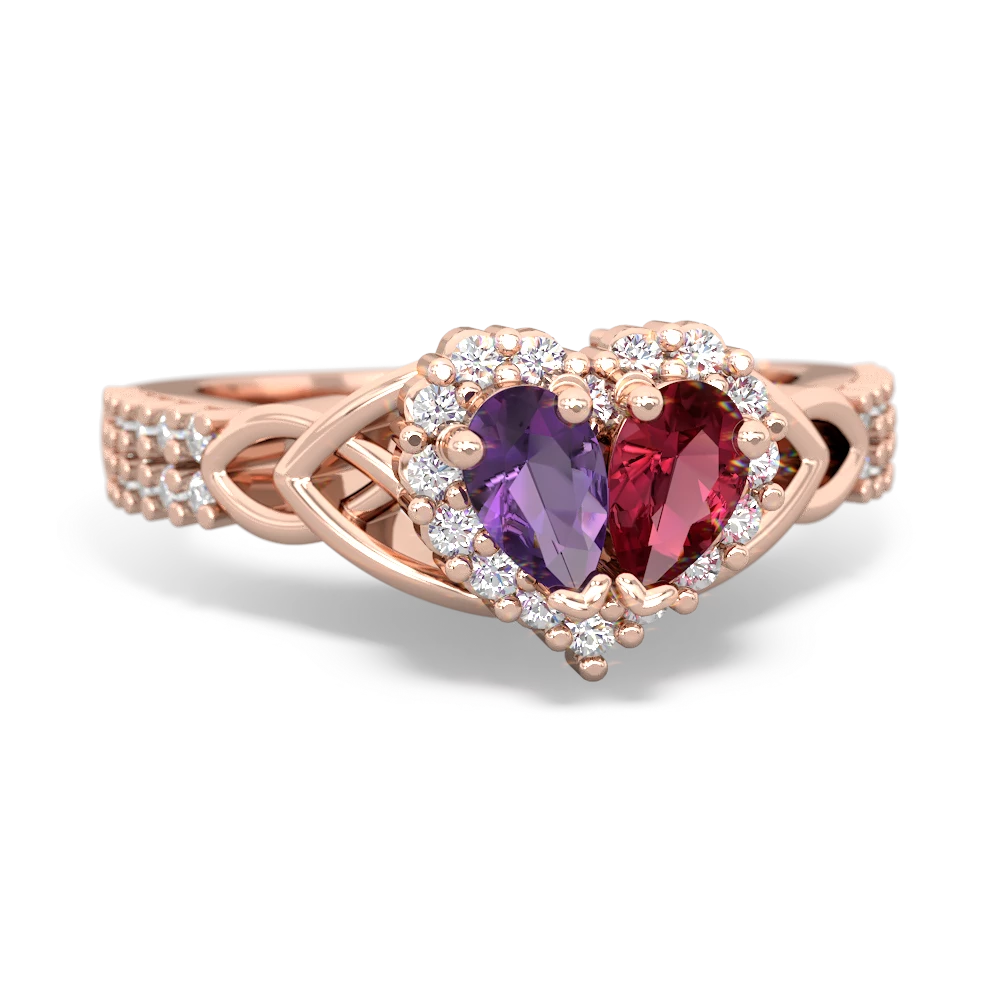 Amethyst Celtic Knot Two Hearts As One 14K Rose Gold ring R2644HRT