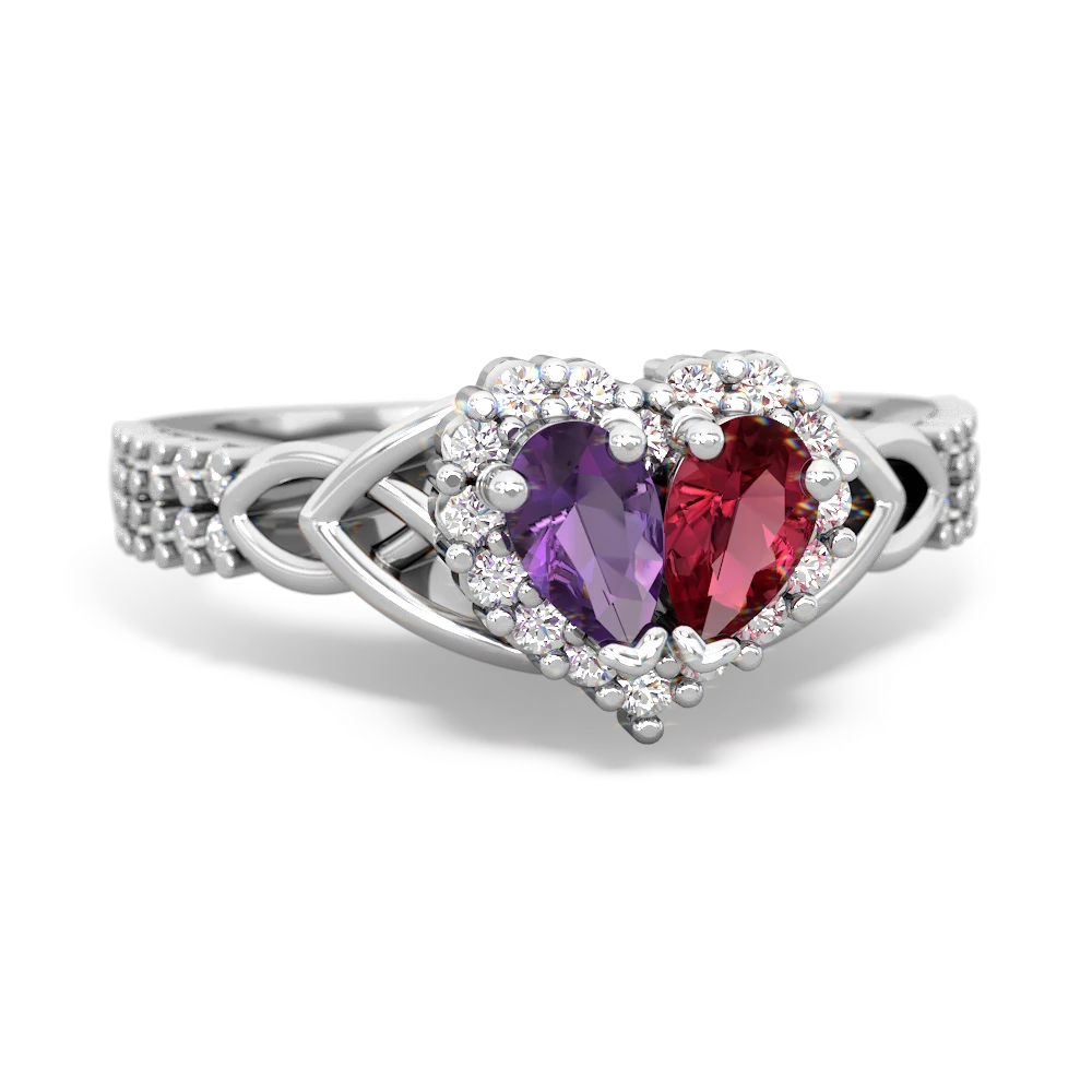 Amethyst Celtic Knot Two Hearts As One 14K White Gold ring R2644HRT