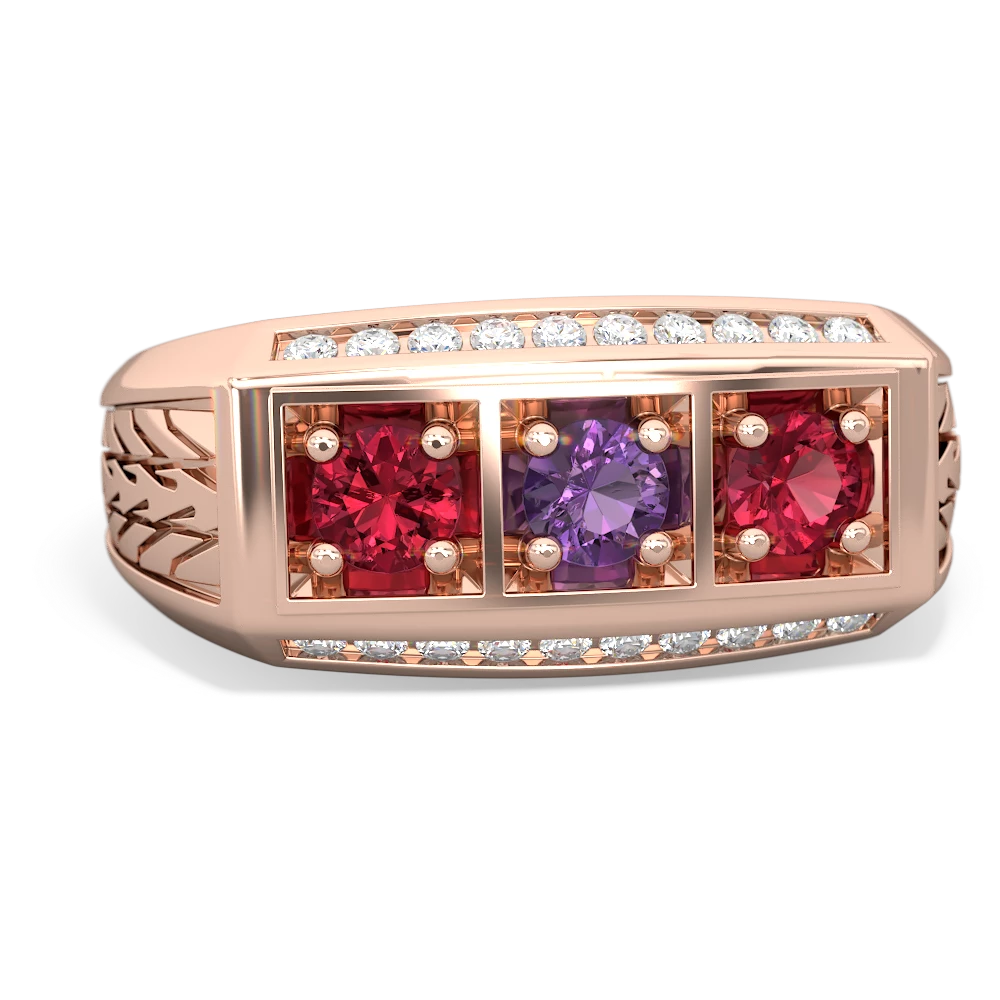 Amethyst Three Stone Tire Tread Men's 14K Rose Gold ring R0520