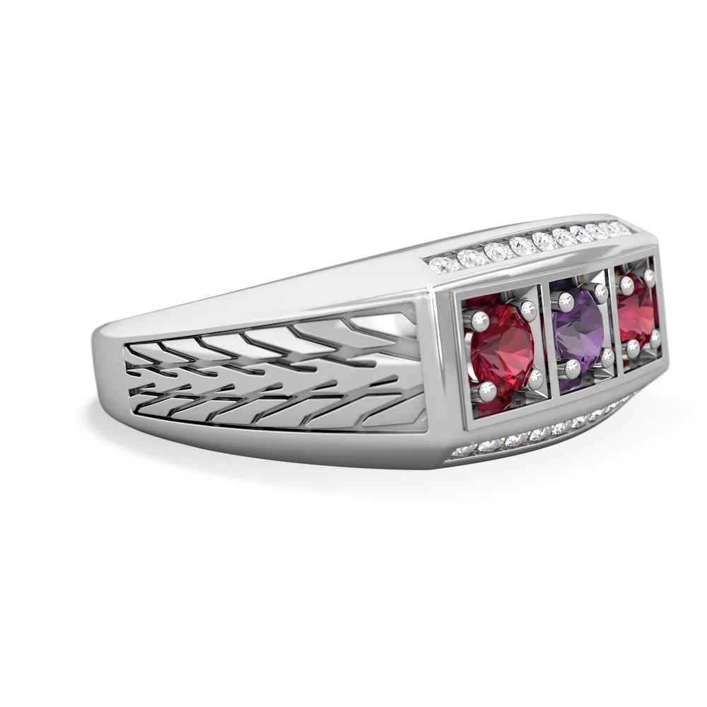 Amethyst Three Stone Tire Tread Men's 14K White Gold ring R0520