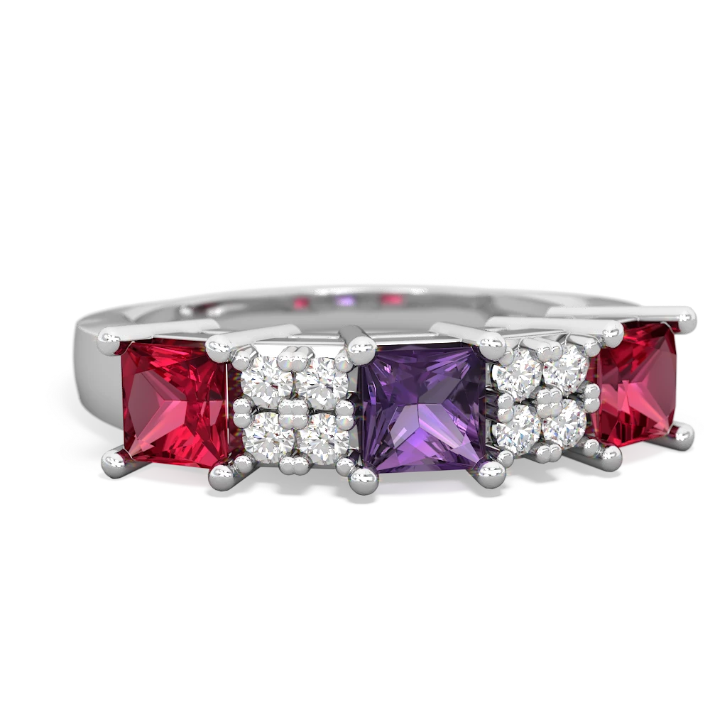 Amethyst Three Stone Diamond Cluster 14K White Gold ring R2592