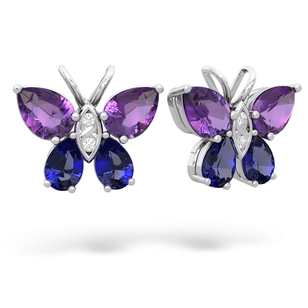 Amethyst Lab Sapphire Butterfly earrings 14K White Gold