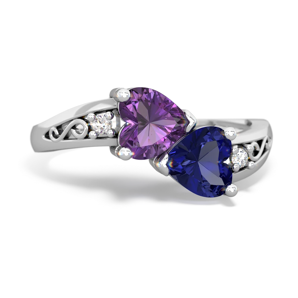 Amethyst Snuggling Hearts 14K White Gold ring R2178