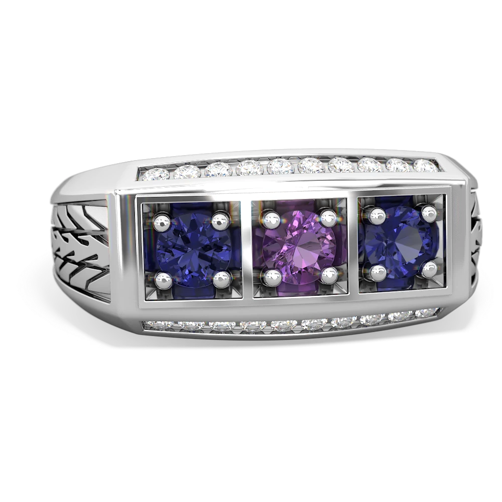 Amethyst Three Stone Tire Tread Men's 14K White Gold ring R0520