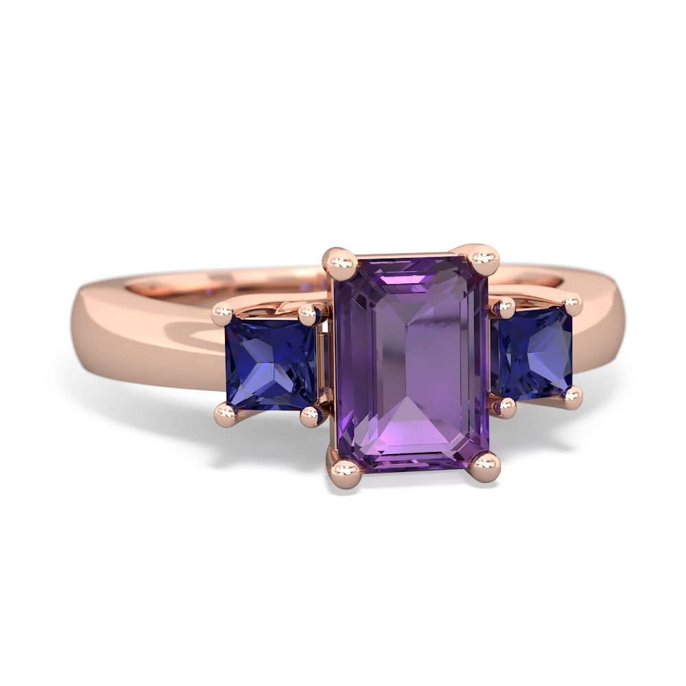 Amethyst Three Stone Emerald-Cut Trellis 14K Rose Gold ring R4021