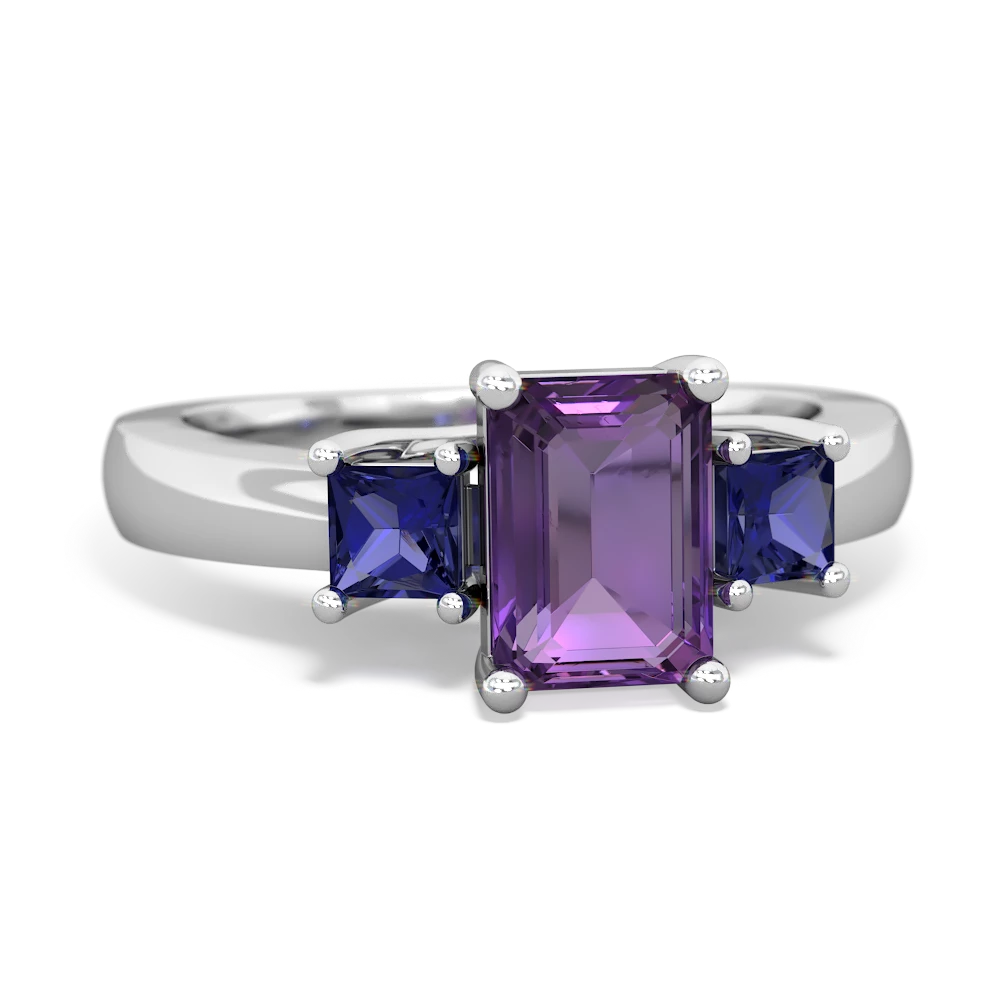 Amethyst Three Stone Emerald-Cut Trellis 14K White Gold ring R4021