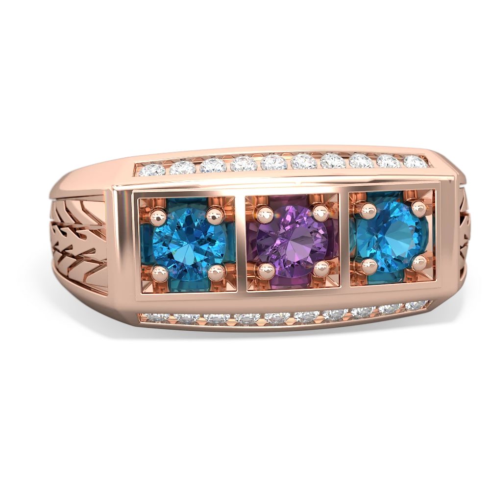 Amethyst Three Stone Tire Tread Men's 14K Rose Gold ring R0520