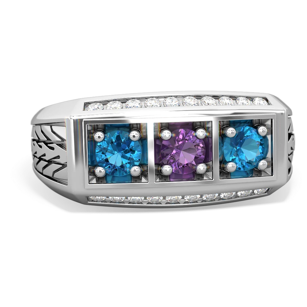 Amethyst Three Stone Tire Tread Men's 14K White Gold ring R0520