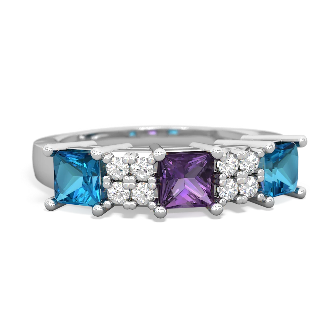 Amethyst Three Stone Diamond Cluster 14K White Gold ring R2592