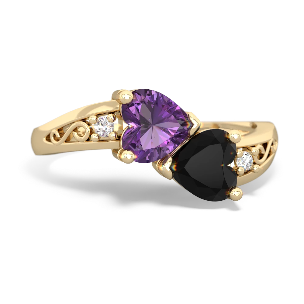 Amethyst Snuggling Hearts 14K Yellow Gold ring R2178