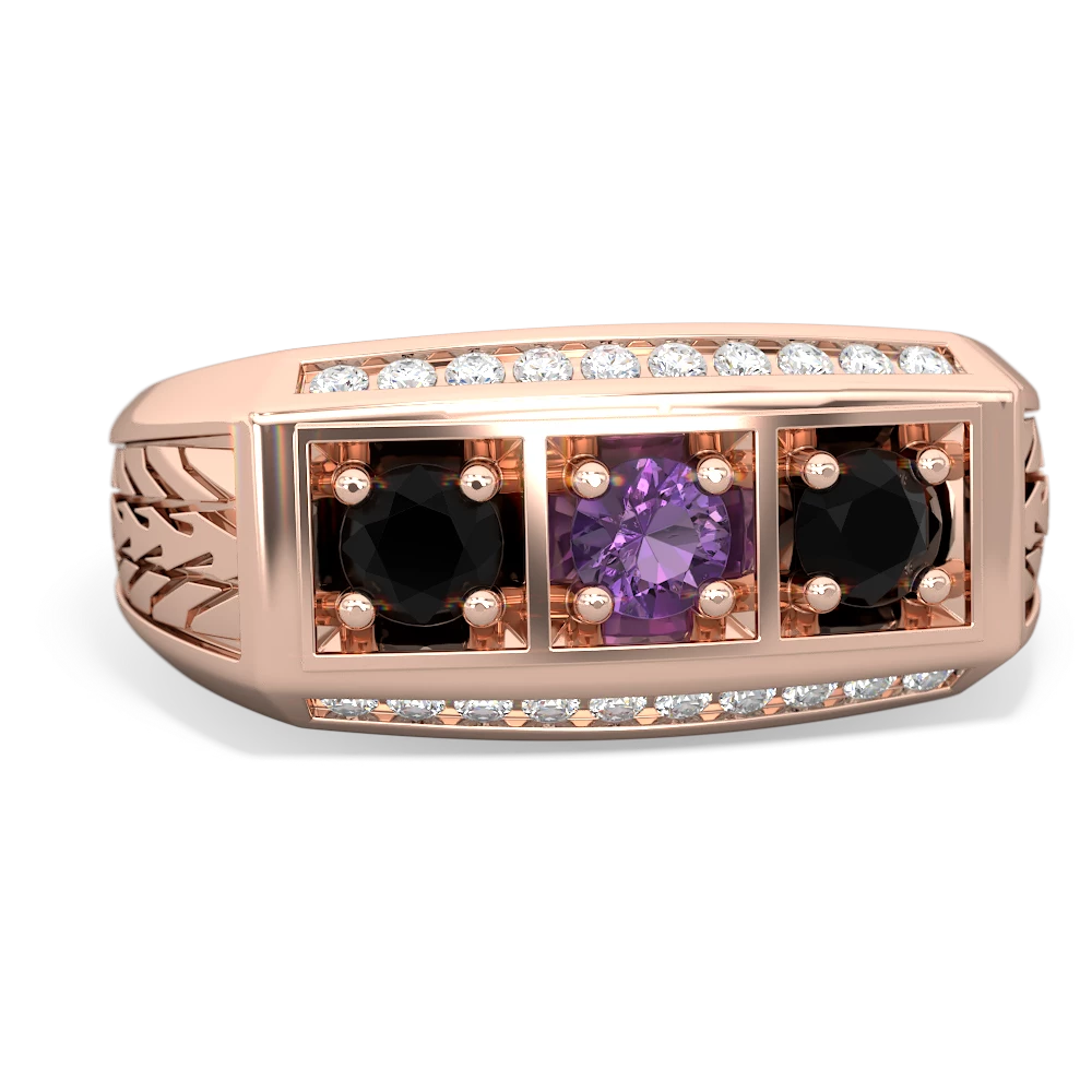 Amethyst Three Stone Tire Tread Men's 14K Rose Gold ring R0520