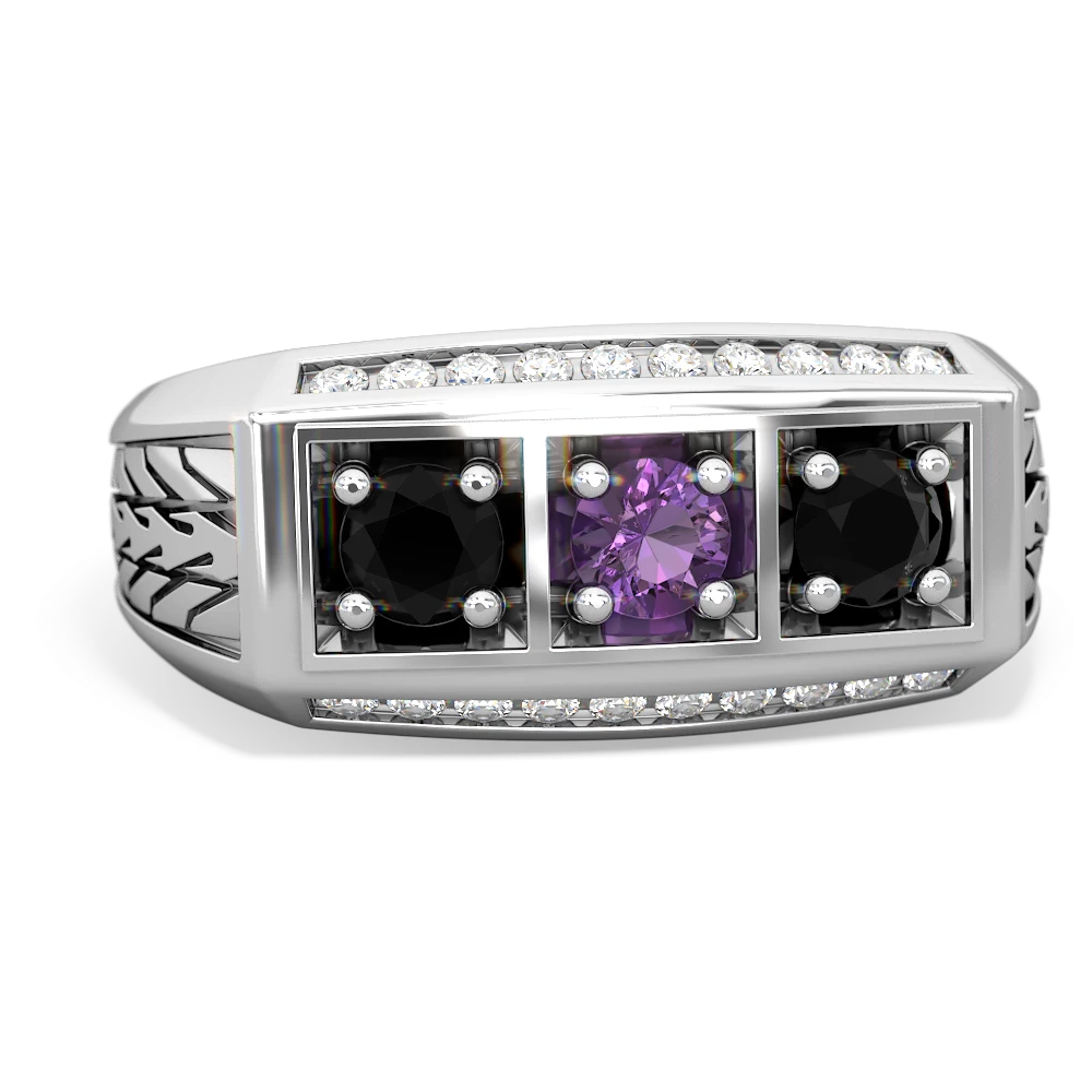 Amethyst Three Stone Tire Tread Men's 14K White Gold ring R0520